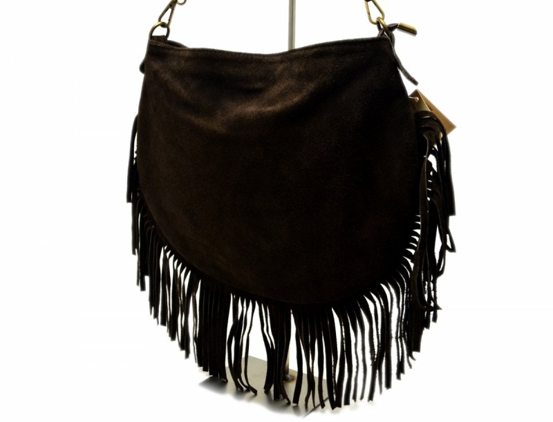 TOREBKA skóra brązowa listonoszka skórzana brąz frędzle zamsz damska GREGORIO