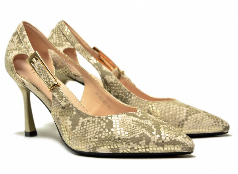 Czółenka szpilki beżowe złote 40 VINCEZA 62288 wąż beż