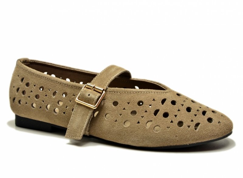 Baleriny beż 39 skóra FILIPPO 7875 skórzane beżowe na pasek zamsz półbuty