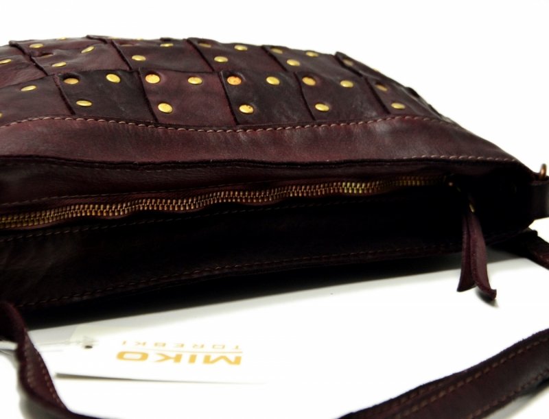 TOREBKA listonoszka MIKO skóra bordowa vintage bordo damska ćwieki