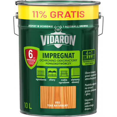 Vidaron Impregnat 9L + 1L V05 Teak Naturalny tik tek do drewna powłokotwórczy ochronny ogrodzeń altan elewacji ochronny
