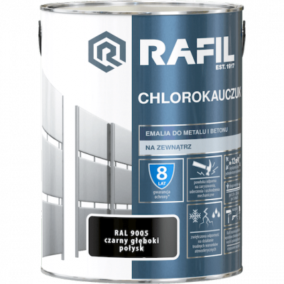 Rafil Chlorokauczuk 5L Czarny Głęboki RAL9005 czarna farba metalu betonu emalia chlorokauczukowa 