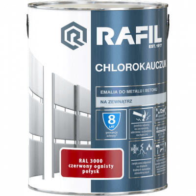 Rafil Chlorokauczuk 5L Czerwony Ognisty RAL3000 czerwona farba metalu betonu emalia chlorokauczukowa 