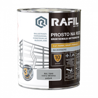 Rafil Na Rdzę 0,75L SZARY OKIENNY RAL7040 POŁYSK farba szybkoschnąca antykorozyjna gruntoemalia do stali żeliwa