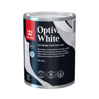 Tikkurila Optiva White 0,9L BIAŁA MAT plamoodporna optycznie powiększa pomieszczenia lateksowa farba do wnętrz ścian i sufitów
