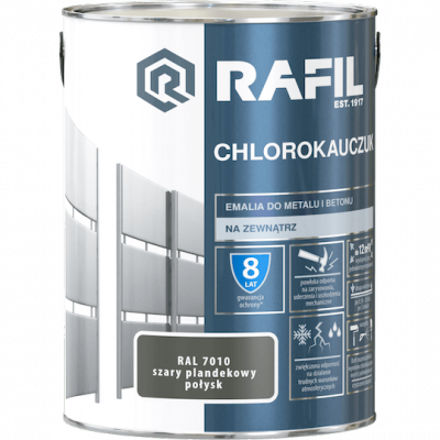 Rafil Chlorokauczuk 5L Szary Plandekowy RAL7010 szara farba metalu betonu emalia chlorokauczukowa 