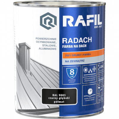 Radach 0,75L Czarny RAL9005 PÓŁMAT farba na dach Rafil Głęboki  ocynk stal aluminium 