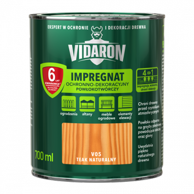 Vidaron Impregnat 0,7L V05 Teak Naturalny tik tek do drewna powłokotwórczy ochronny ogrodzeń altan elewacji ochronny