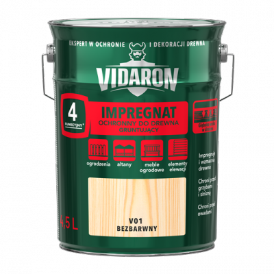 Vidaron Impregnat 4,5L V01 Bezbarwny Gruntujący Podkład Grunt ochronny ogrodzeń altan elewacji ochronny