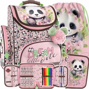 TORNISTER z PANDĄ SZKOLNY ZESTAW 3el DLA DZIEWCZYNY Z MISIEM DO 1 KLASY