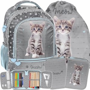 ZESTAW 3w1 KOTY PLECAK SZKOLNY DO PODSTAWÓWKI KOTEK DO 1 KLASY DZIEWCZĘCY