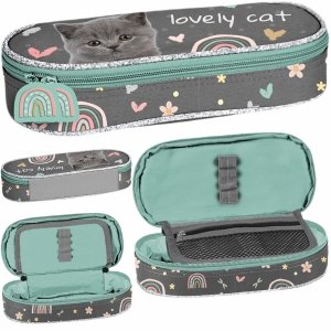 KOTEK PIÓRNIK DLA DZIEWCZYNY Z KOTKIEM SZKOLNY OTWIERANY Z KLAPKĄ CATS PASO