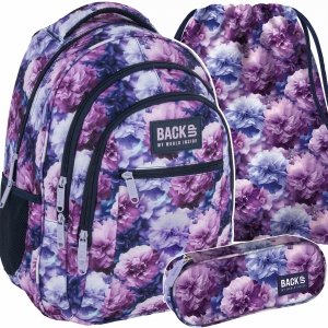 PLECAK MŁODZIEŻOWY BACKUP DLA DZIEWCZYNY SZKOLNY KWIATY KOMPLET 3w1 VIOLET