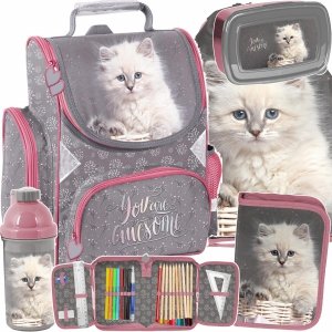 PASO TORNISTER SZKOLNY KOTY DZIEWCZĘCY Z KOTKIEM KOMPLET 5w1 KOTKI
