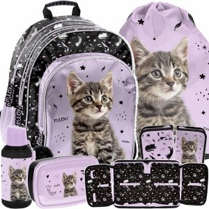 PLECAK Z KOTKIEM SZKOLNY DLA DZIEWCZYNY DO 1 KLASY ZESTAW 5w1 KOTEK PASO