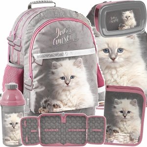 KOTKI PLECAK SZKOLNY DLA DZIEWCZYNEK ZESTAW 5 ele DO PODSTAWÓWKI Z KOTKIEM