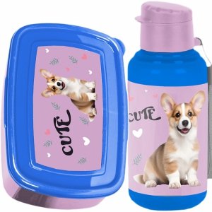 KOMPLET 2w1 BIDON ŚNIADANIÓWKA DLA UCZENNICY Z PIESKAMI DO SZKOŁY PIESEK