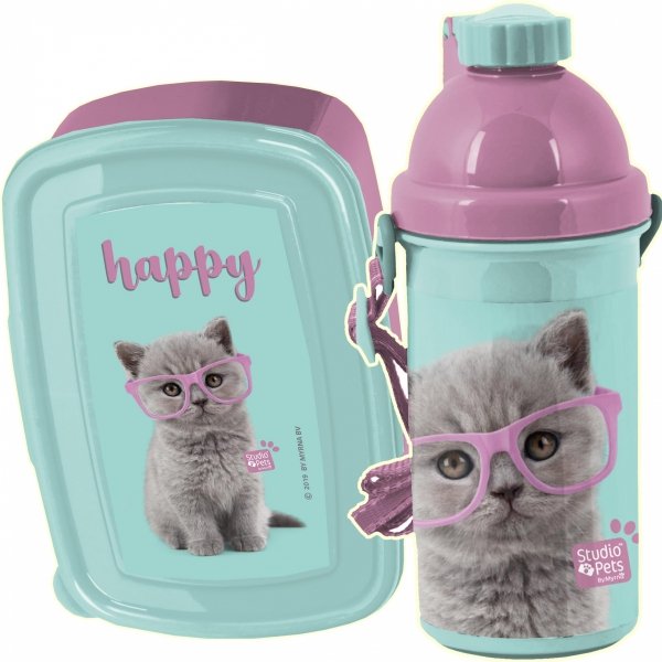 Śniadaniówka Bidon Kot Kotek dla Dziewczynki zestaw 2w1