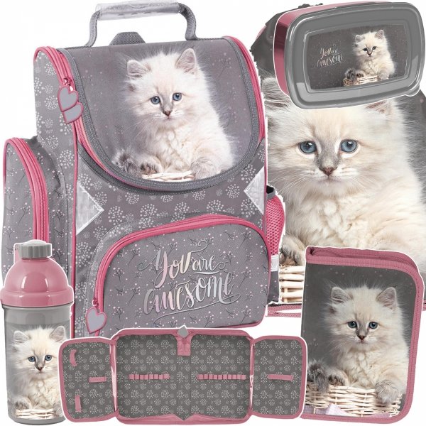 PASO TORNISTER SZKOLNY KOTY DLA DZIEWCZYNEK Z KOTKIEM ZESTAW 5w1 KOTKI