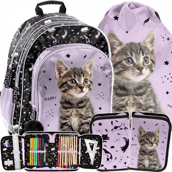 KOTEK PLECAK SZKOLNY Z KOTKIEM DLA DZIEWCZYNEK DO 1 KLASY KOMPLET 3 ele.