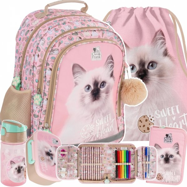 PLECAK Z KOTKAMI DLA UCZENNIC SZKOLNY ZESTAW 5w1 DO 1 KLASY TORNISTER CATS