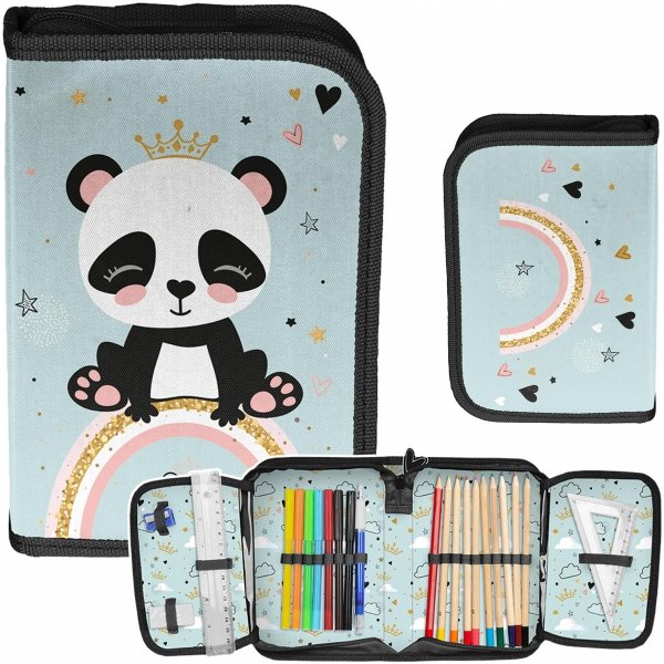 Piórnik z Misiem Panda Szkolny z Wyposażeniem dla Uczennic do Podstawówki
