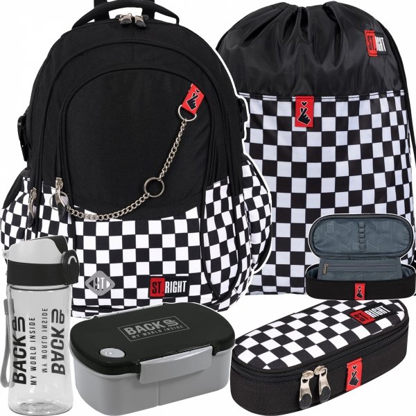 ST.RIGHT PLECAK SZKOLNY MŁODZIEŻOWY SZACHOWNICA K-POP CHAIN DUŻY ZESTAW 5el