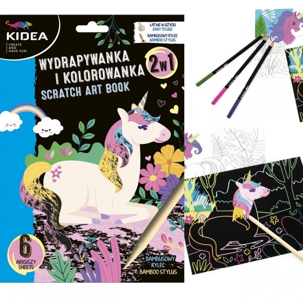 Jednorożec Wydrapywanka i Kolorowanka 2w1 Kidea 6 Kartek + Rysik [WKBKA]