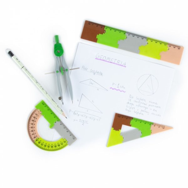 ZESTAW GEOMETRYCZNY 4 elem PUZZLE 20 cm EKIERKA CYRKIEL KĄTOMIERZ KIDEA