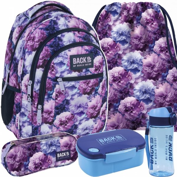 KOMPLET 5w1 PLECAK KWIATY MŁODZIEŻOWY BACKUP DLA DZIEWCZYNY SZKOLNY VIOLET