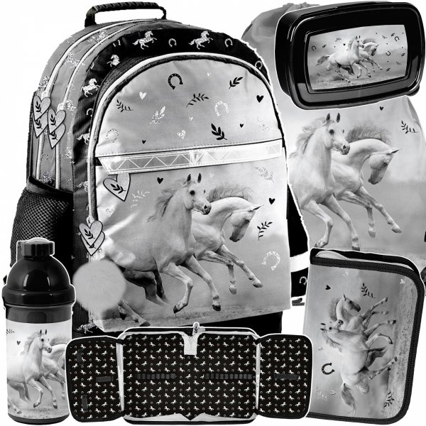 PLECAK SZKOLNY DZIEWCZĘCY DO KLAS 1-4 Z KONIEM HORSE KOŃ ZESTAW 5 ele