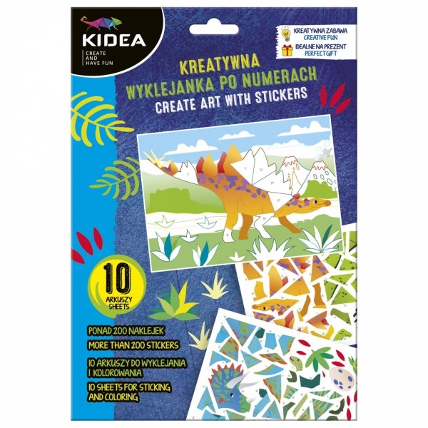 KREATYWNA WYKLEJANKA PO NUMERACH DINOZAURY ZESTAW KIDEA KOLOROWANKA