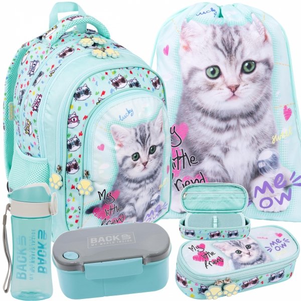 KOTEK MINT ZESTAW 5el MAJEWSKI DLA DZIEWCZYNEK PLECAK KOTKI DO PODSTAWÓWKI