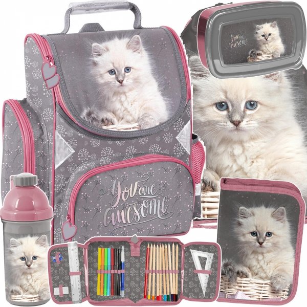 PASO TORNISTER SZKOLNY KOTY DZIEWCZĘCY Z KOTKIEM KOMPLET 5w1 KOTKI