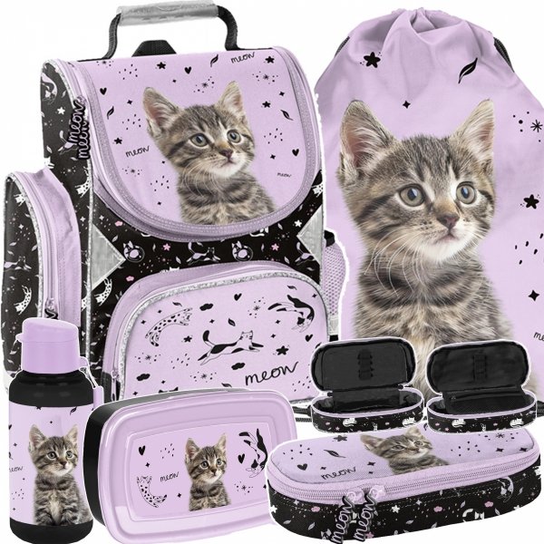 KOMPLET 5w1 TORNISTER KOT DLA DZIEWCZYNY SZKOLNY Z KOTKIEM DO 1 KLASY KOTEK