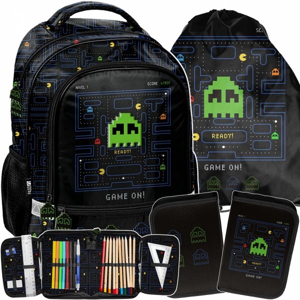 PAC-MAN PLECAK SZKOLNY DO PODSTAWÓWKI DO 1 KLASY GAMER GAMING KOMPLET 3 ele
