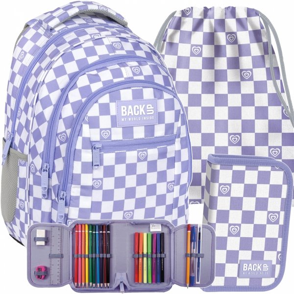 FIOLET SZACHOWNICA MŁODZIEŻOWY PLECAK BACKUP DZIEWCZĘCY SZKOLNY ZESTAW 3w1