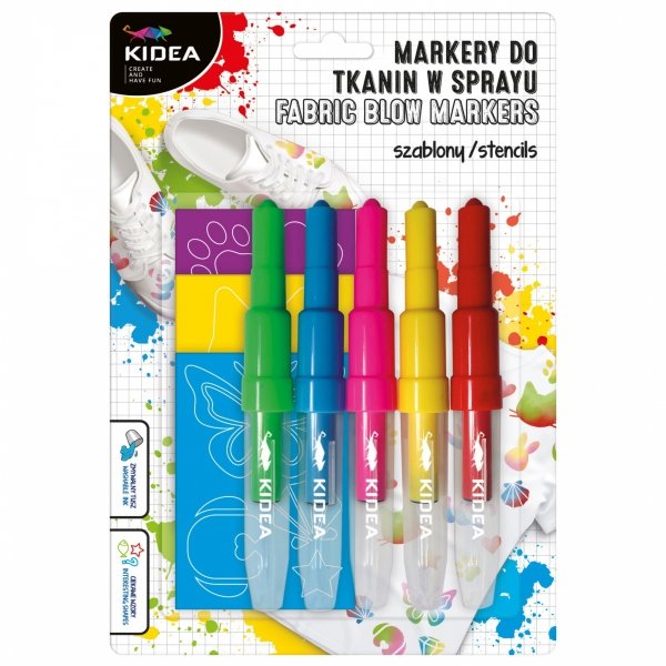 Markery do Tkanin 5 kolorów w Sprayu z Szablonami Zwierzaki Kidea Flamastry Pisaki [MTSSZ5KA]