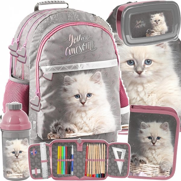 PLECAK KOTY SZKOLNY DLA DZIEWCZYNEK ZESTAW 5 ele DO PODSTAWÓWKI Z KOTKIEM