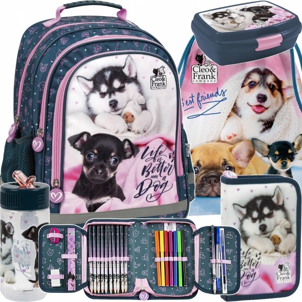 KOMPLET 5elem DERFORM PLECAK Z PIESKAMI DLA UCZENNICY SZKOLNY PIESEK