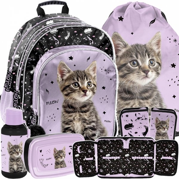 PLECAK Z KOTKIEM SZKOLNY DLA DZIEWCZYNY DO 1 KLASY ZESTAW 5w1 KOTEK PASO