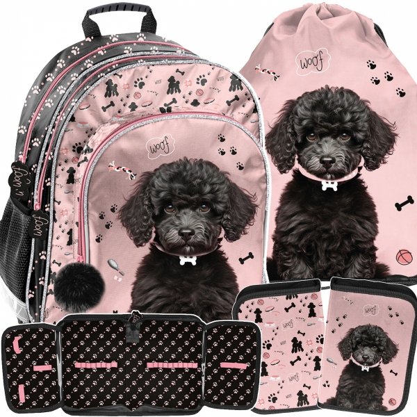 PLECAK SZKOLNY Z PIESKIEM DLA DZIEWCZYNY DO 1 KLASY KOMPLET 3w1 PIESEK DOG