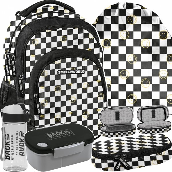 SMILEY SZACHOWNICA DUŻY PLECAK BeUniq MŁODZIEŻOWY SZKOLNY KOMPLET 5 elem.