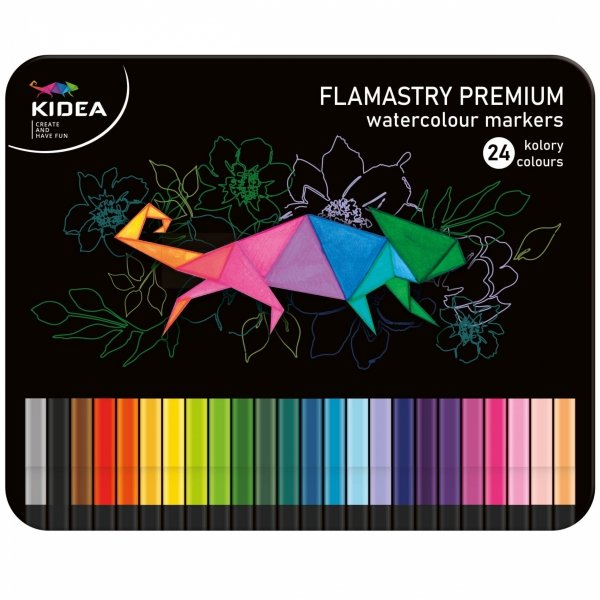 Flamastry PREMIUM 24 Kolory w Metalowym PUDEŁKU Kwadratowe Pisaki Kidea [FKMP24KA]