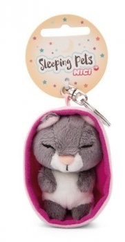 NICI 49989 Brelok Sleeping Pets kot szary 8cm, koszyk różowy