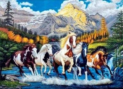 Diamentowa mozaika Konie łaciate galopujące górskim strumieniem 30x40cm 1009543
