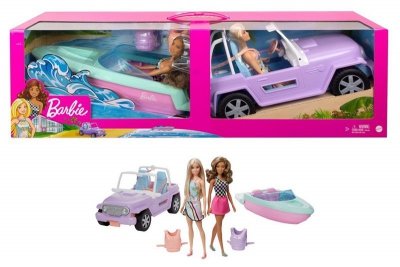 MATTEL Barbie 2 lalki+jeep+motorówka GXD66