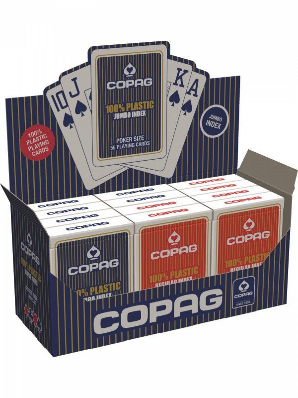 Cartamundi Karty Poker 100, Plastik PKJ. Talia niebieska, duży index w 2 rogach
