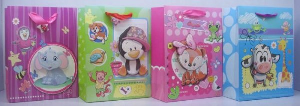 Torebka ozdobna prezentowa zwierzęta baby 3D 8916A 30x39x12cm p12, mix cena za 1 szt