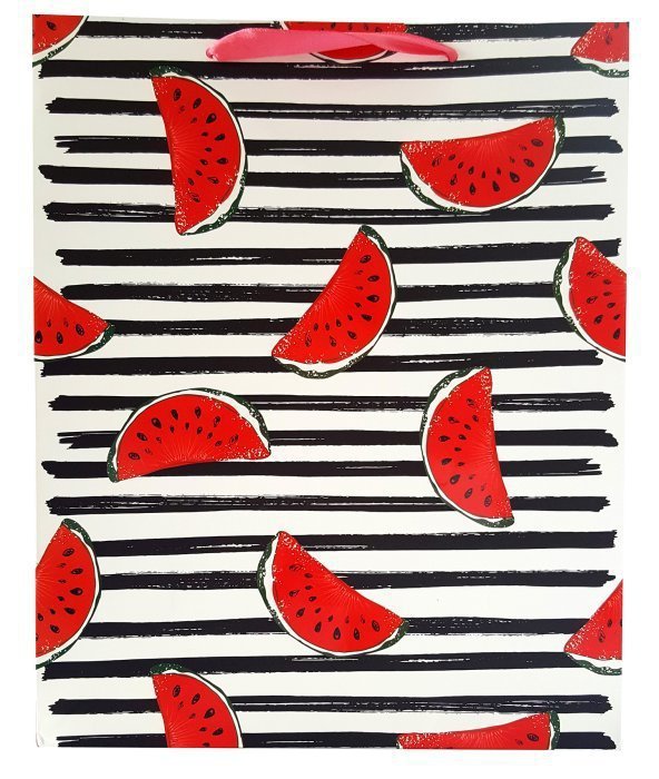 Torebka ozdobna prezentowa paski owoce 1400B 26x32x12cm p12, mix cena za 1 szt